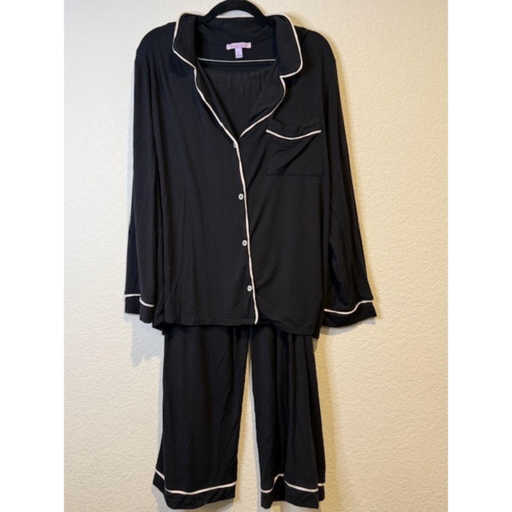 Hale Bob Womens Black Pajama Set Long Sleeve Button Down Pants Size L Piping